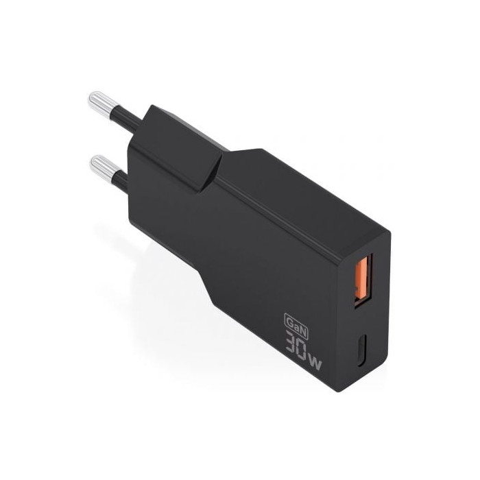 Cargador de Pared GaN Aisens A110-1005/ 1xUSB Tipo-C/ 1xUSB/ 30W/ Negro | Cargadores hasta 45W