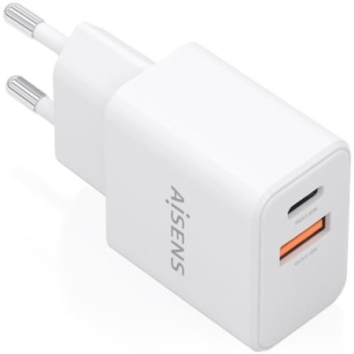Cargador de Pared GaN Aisens A110-1025/ 1xUSB Tipo-C/ 1xUSB/ 20W/ Blanco