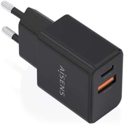 Cargador de Pared GaN Aisens A110-1026/ 1xUSB Tipo-C/ 1xUSB/ 20W/ Negro